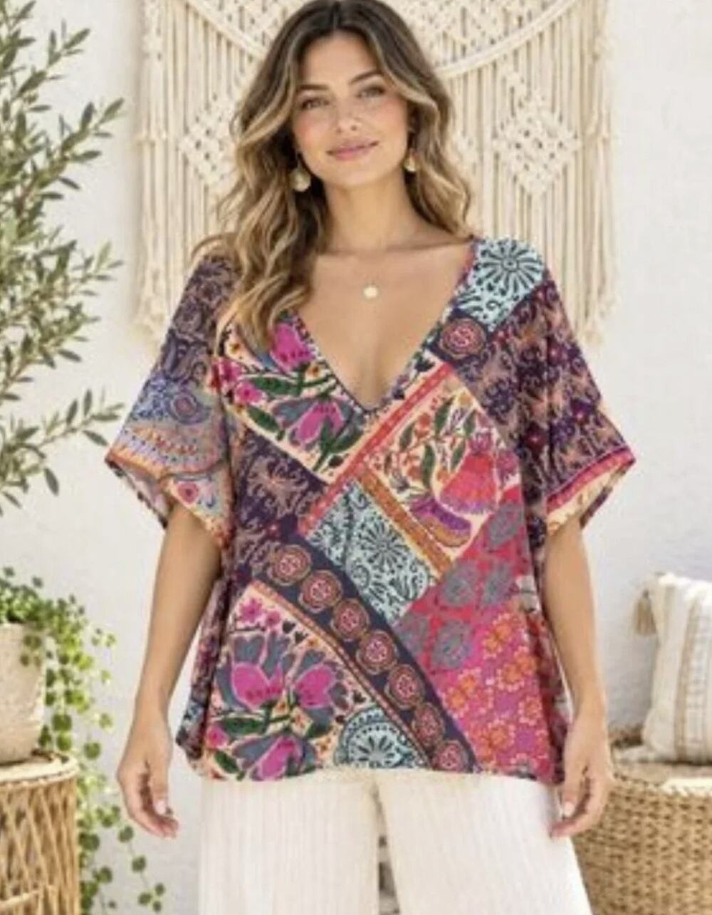 Natural Life Boho Patchwork Floral Paisley V-Neck Rayon Top